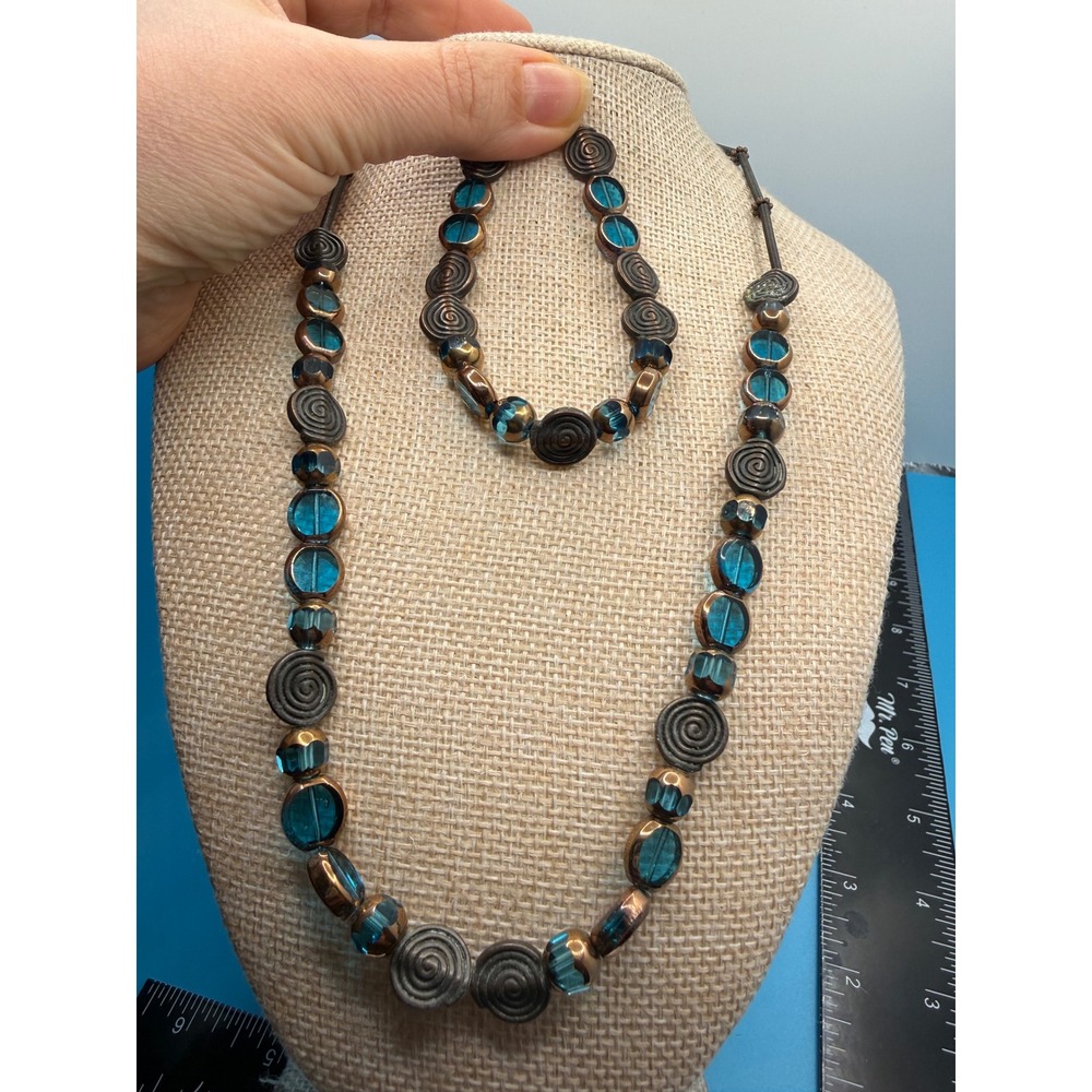 Boho Artisan Teal Glass Bead & Copper Spiral Necklace and Bracelet Jewelry Set